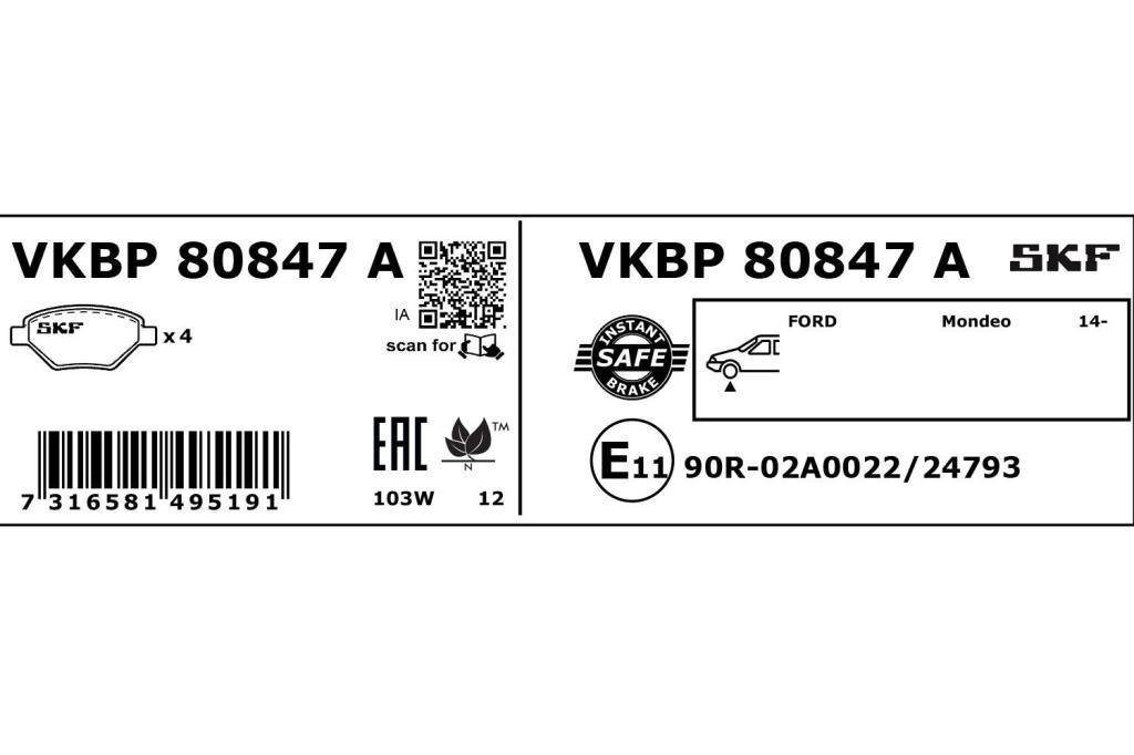 Jogo de 4 pastilhas de travão SKF ref. VKBP 80847 A